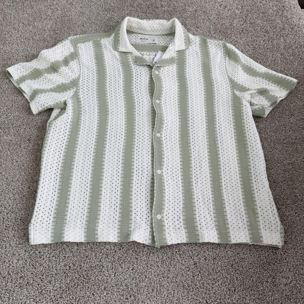 Hollister Shirt Mens M White Green Striped Crochet Button Up Short Sleeve Top